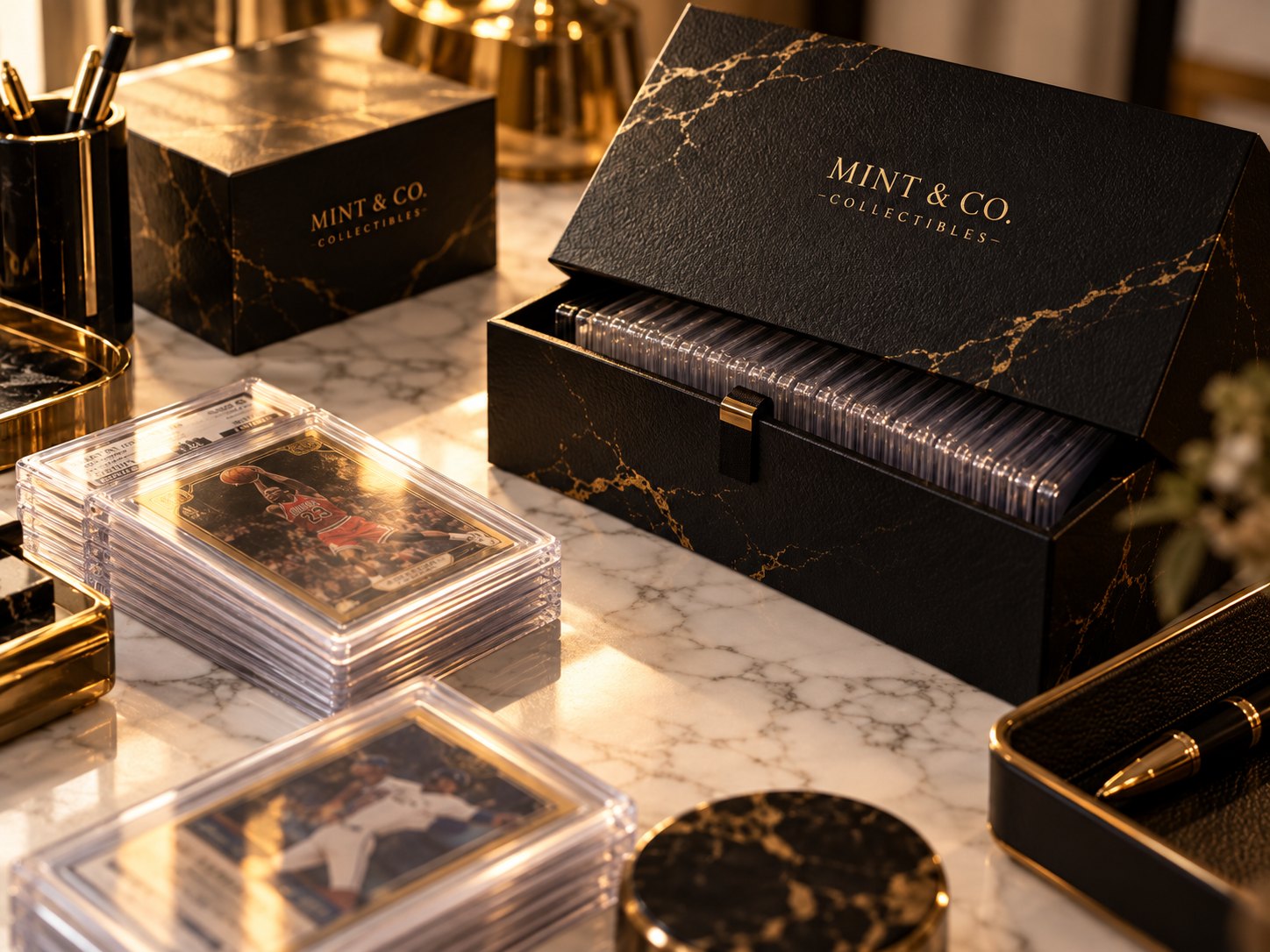 MINT & CO. storage box with graded cards on a marble desk